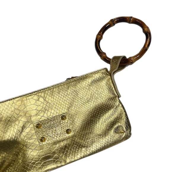Vintage Cri Cri Milano Italy Gold Metallic Leather Bamboo Handle Evening Clutch - Picture 2 of 11